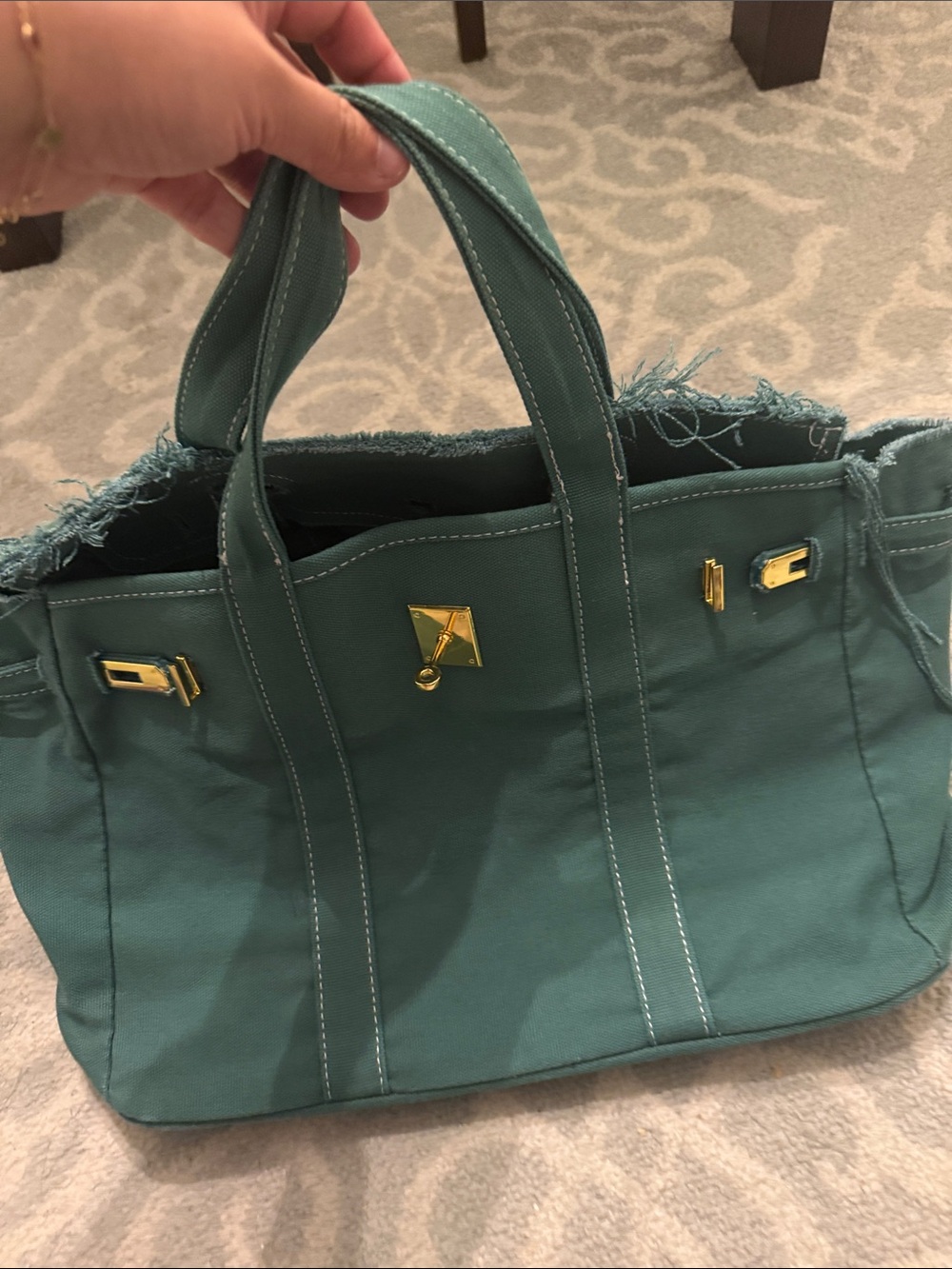 Teal Canvas Tote Bag with Gold Hardware Boatkin